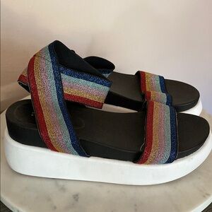 BAMBOO Black and White Sandals with Elastic Metallic Straps Platform Sole Sz 7.5